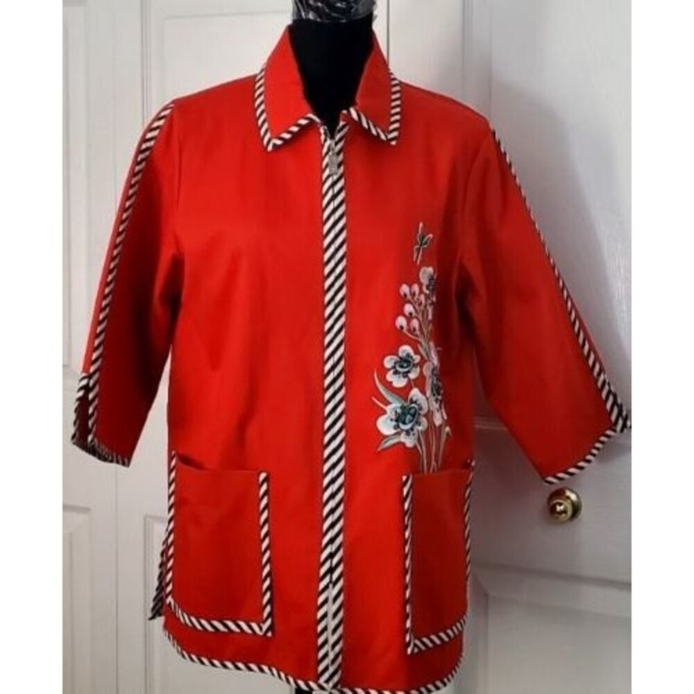 Bob Mackie Red Wearable Art Denim Mid Length Zip up Jacket Floral Embroidered S